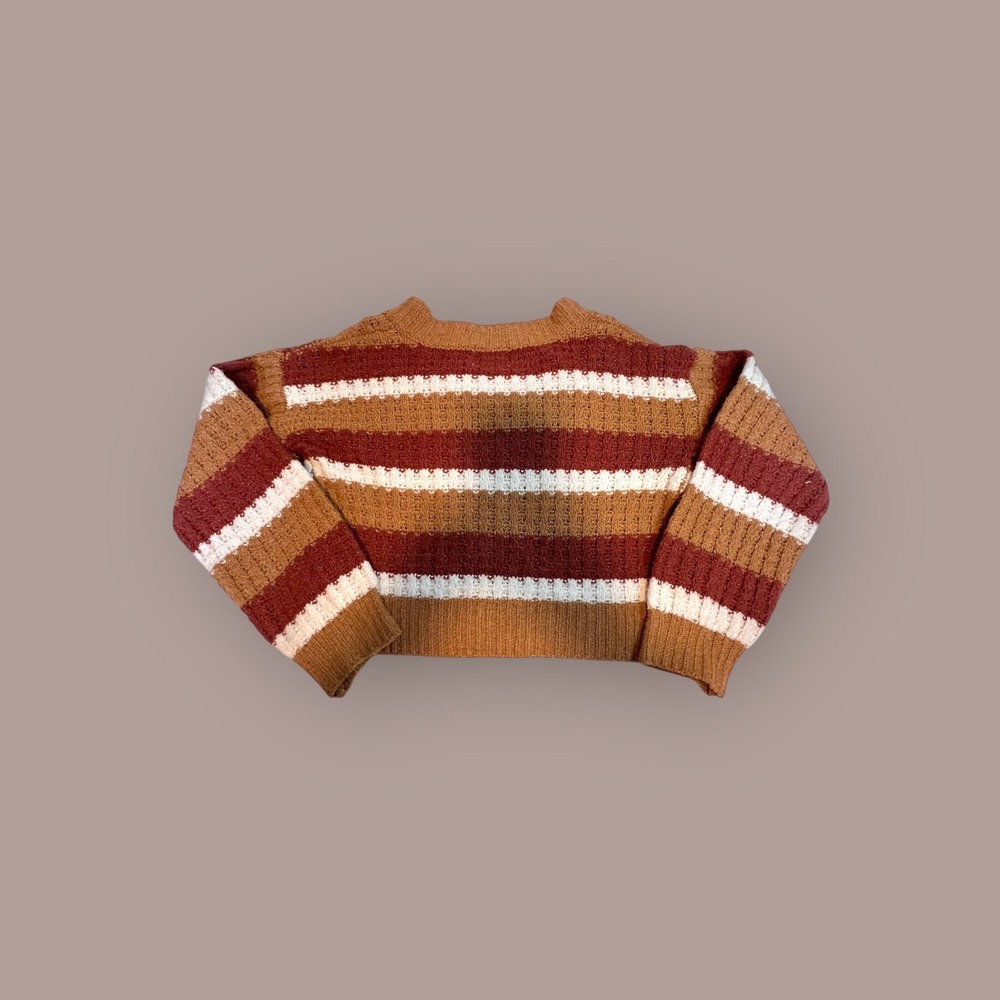 Pink Republic XS Cropped Sweater Women Brown Retro BoHo Striped V-Neck Knit - Picture 2 of 6